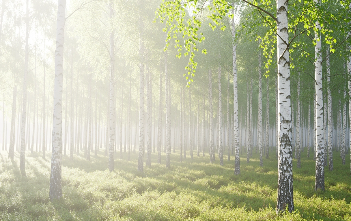 Luonnollinen suomalainen metsämaisema aamunvalossa